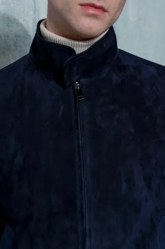 College Genuine Leather Navy Blue Men's Suede Jacket - 5