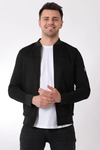 College Neck Suede Seasonal Jacket with Knitted Sleeves PLDP 2977 - 1