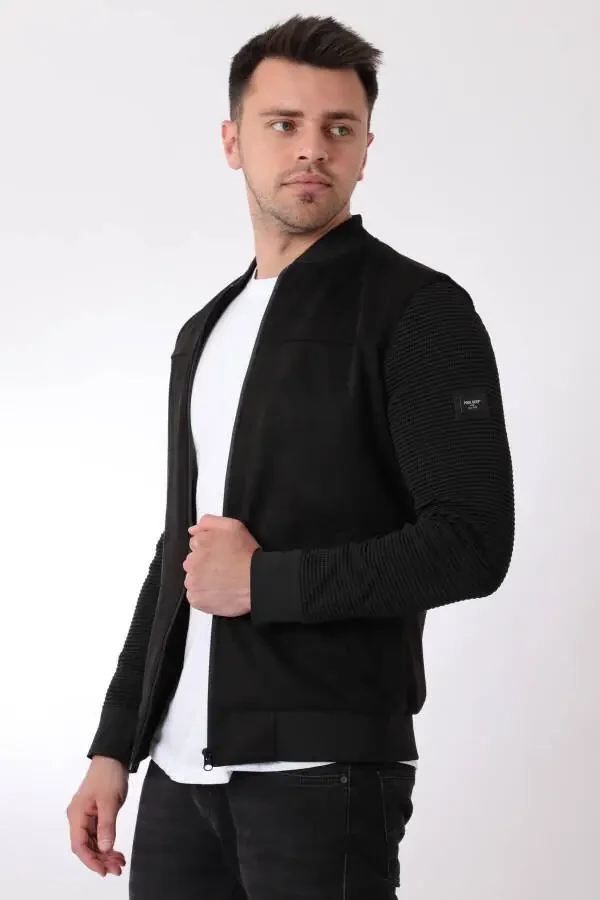 College Neck Suede Seasonal Jacket with Knitted Sleeves PLDP 2977 - 2