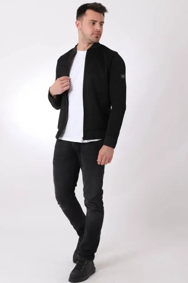 College Neck Suede Seasonal Jacket with Knitted Sleeves PLDP 2977 - 3