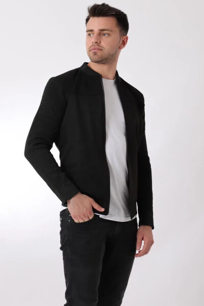 College Neck Suede Seasonal Jacket with Knitted Sleeves PLDP 2977 - 4