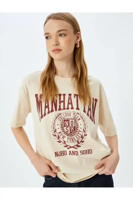 College Printed Crew Neck Oversize Short Sleeve Tee - 1