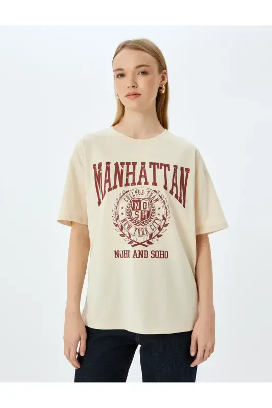 College Printed Crew Neck Oversize Short Sleeve Tee - 3