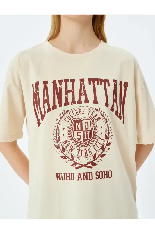 College Printed Crew Neck Oversize Short Sleeve Tee - 5