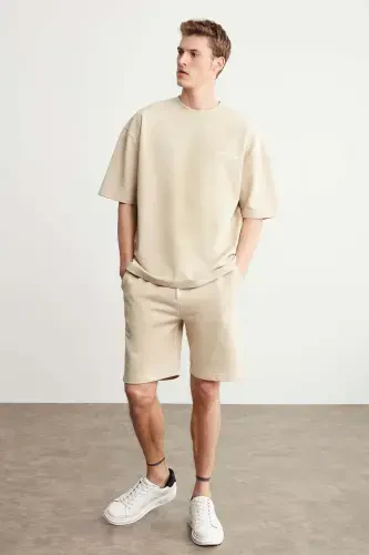 Colombıa Erkek 2'li Set Comfort Fit Rahat Kalıp Yazı Nakışlı Şardonsuz Bej Eşofman Takımı-Bej - 3