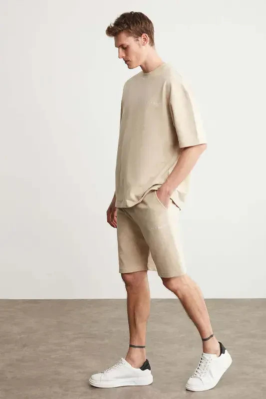 Colombıa Erkek 2'li Set Comfort Fit Rahat Kalıp Yazı Nakışlı Şardonsuz Bej Eşofman Takımı-Bej - 5