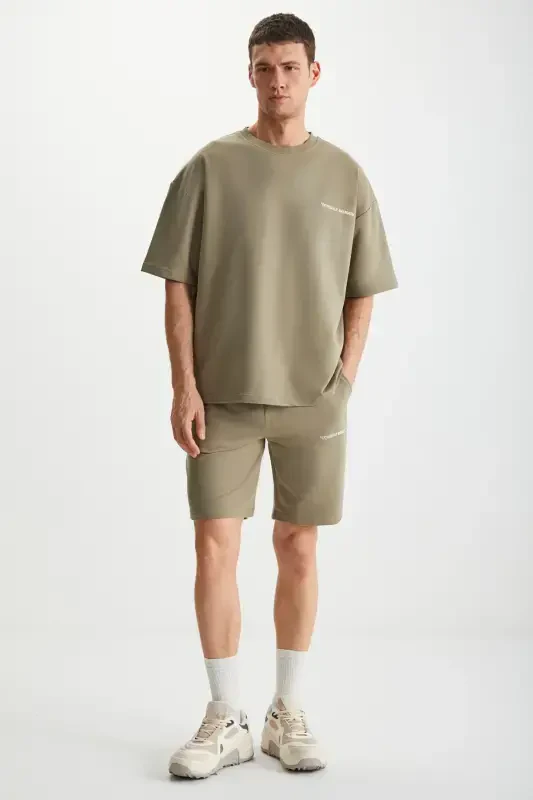 Colombıa Erkek 2'li Set Comfort Fit Rahat Kalıp Yazı Nakışlı Şardonsuz Haki Eşofman Takımı-Haki - 1