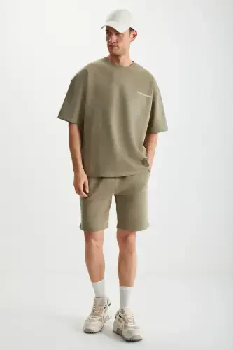 Colombıa Erkek 2'li Set Comfort Fit Rahat Kalıp Yazı Nakışlı Şardonsuz Haki Eşofman Takımı-Haki - 5