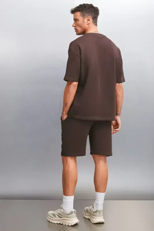 Colombıa Erkek 2'li Set Comfort Fit Rahat Kalıp Yazı Nakışlı Şardonsuz Kahverengi Eşofman Takımı-Kahverengi - 7