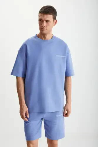 Colombıa Erkek 2'li Set Comfort Fit Rahat Kalıp Yazı Nakışlı Şardonsuz Mavi Eşofman Takımı-Mavi - 3