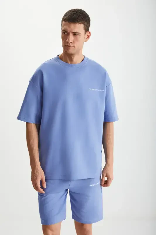 Colombıa Erkek 2'li Set Comfort Fit Rahat Kalıp Yazı Nakışlı Şardonsuz Mavi Eşofman Takımı-Mavi - 3