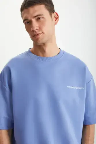 Colombıa Erkek 2'li Set Comfort Fit Rahat Kalıp Yazı Nakışlı Şardonsuz Mavi Eşofman Takımı-Mavi - 4