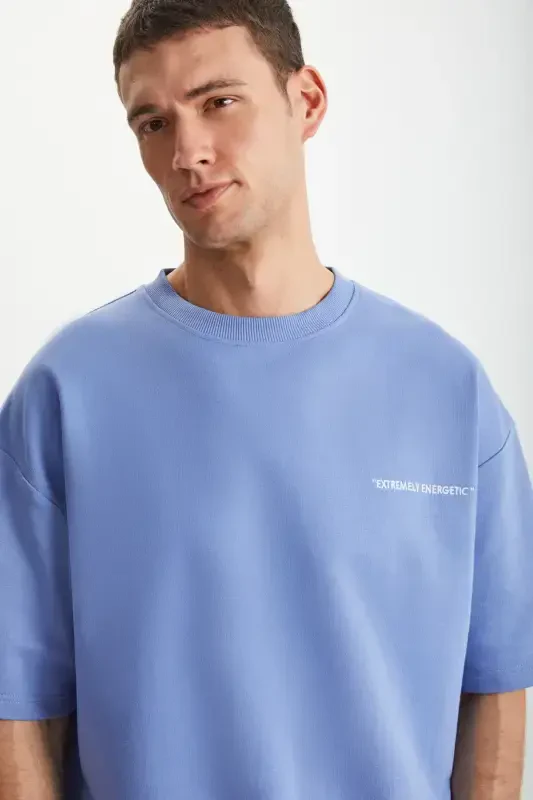 Colombıa Erkek 2'li Set Comfort Fit Rahat Kalıp Yazı Nakışlı Şardonsuz Mavi Eşofman Takımı-Mavi - 4