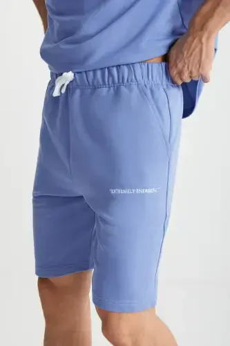 Colombıa Erkek 2'li Set Comfort Fit Rahat Kalıp Yazı Nakışlı Şardonsuz Mavi Eşofman Takımı-Mavi - 5