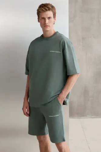 Colombıa Erkek 2'li Set Comfort Fit Rahat Kalıp Yazı Nakışlı Şardonsuz Yeşil Eşofman Takımı-Yeşil - 5