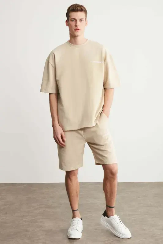 Colombia Men's 2-Piece Set Comfort Fit Relaxed Fit Embroidered Text Unfleeced Beige Tracksuit-Beige - 1