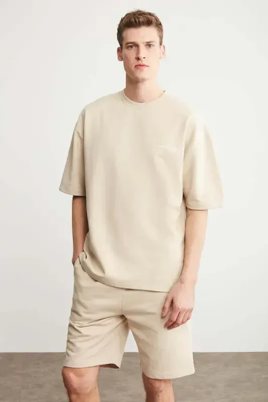 Colombia Men's 2-Piece Set Comfort Fit Relaxed Fit Embroidered Text Unfleeced Beige Tracksuit-Beige - 2