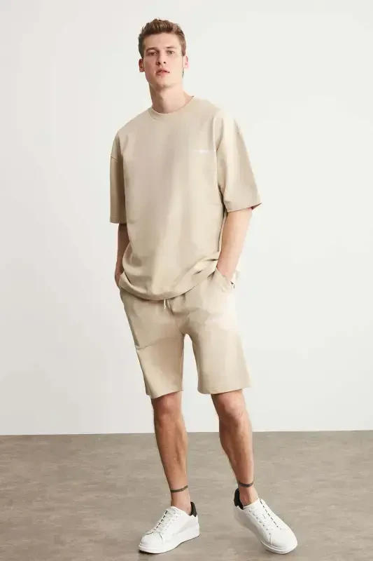 Colombia Men's 2-Piece Set Comfort Fit Relaxed Fit Embroidered Text Unfleeced Beige Tracksuit-Beige - 4