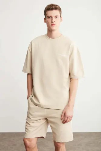 Colombıa Erkek 2'li Set Comfort Fit Rahat Kalıp Yazı Nakışlı Şardonsuz Bej Eşofman Takımı-Bej - GRIMELANGE (1)