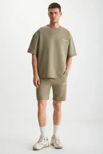 Colombıa Erkek 2'li Set Comfort Fit Rahat Kalıp Yazı Nakışlı Şardonsuz Haki Eşofman Takımı-Haki - 1