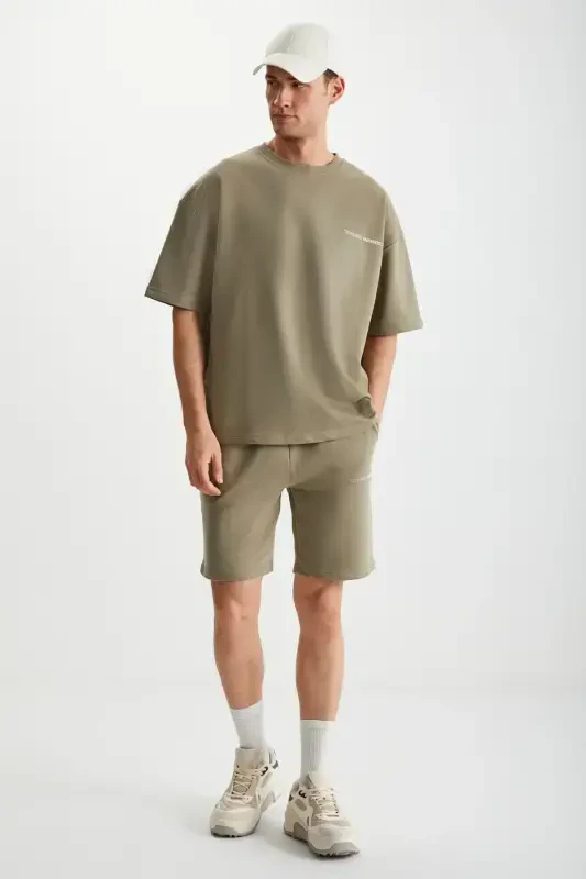 Colombıa Erkek 2'li Set Comfort Fit Rahat Kalıp Yazı Nakışlı Şardonsuz Haki Eşofman Takımı-Haki - 5