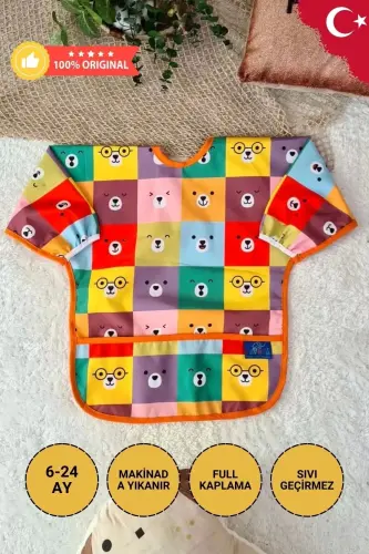 Color Bear Patterned Waterproof Long-Sleeve Activity & Feeding Bib 6-24 Months - 3