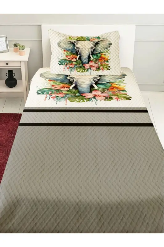 Colorful Elephants Patterned Printed Single and Children's Pique Set-Pattern - 1