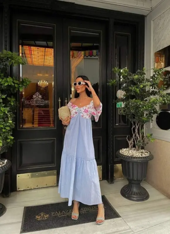 COLORFUL EMBROIDERY PATTERNED DRESS - Blue - BÜYÜKBEDENIZ