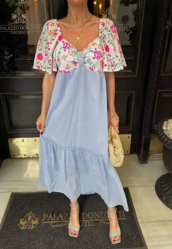 COLORFUL EMBROIDERY PATTERNED DRESS - Blue - 2