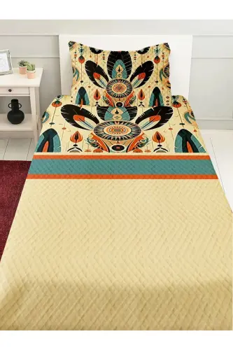 Colorful Feathers Patterned Printed Single and Children's Pique Set-Pattern 
