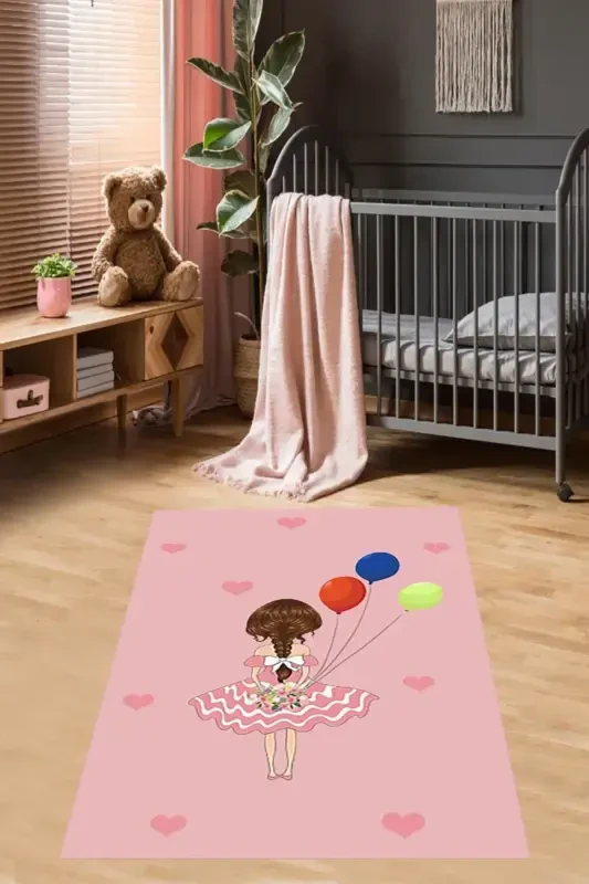 Colorful Girl with Balloons Heart Patterned Digital Printing Washable Non-Slip Base Girl's Kids Room Rug-Dark Pink - 1