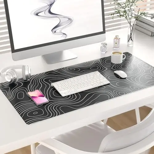 Colorful Star Large Mouse Pad, Black Topographic Desk Mat Office Supplies, Waterproof Faux Leather Big Gaming Mousepad, Black Topography Map Desk Pad Home Office Décor Accessories 31.5