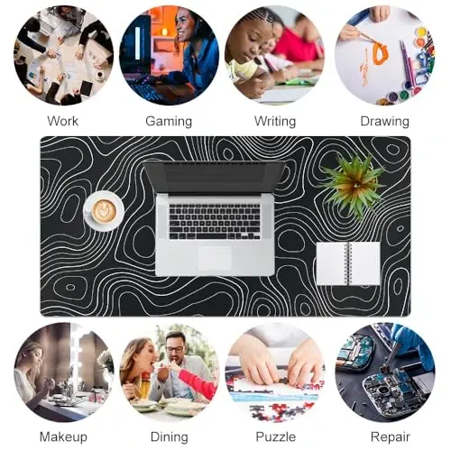 Colorful Star Large Mouse Pad, Black Topographic Desk Mat Office Supplies, Waterproof Faux Leather Big Gaming Mousepad, Black Topography Map Desk Pad Home Office Décor Accessories 31.5