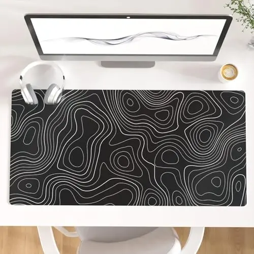 Colorful Star Large Mouse Pad, Black Topographic Desk Mat Office Supplies, Waterproof Faux Leather Big Gaming Mousepad, Black Topography Map Desk Pad Home Office Décor Accessories 31.5