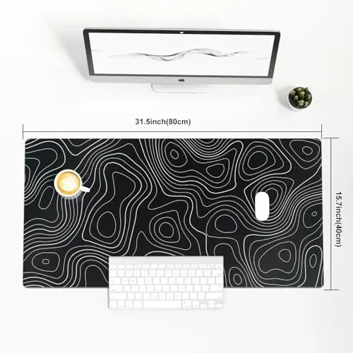 Colorful Star Large Mouse Pad, Black Topographic Desk Mat Office Supplies, Waterproof Faux Leather Big Gaming Mousepad, Black Topography Map Desk Pad Home Office Décor Accessories 31.5