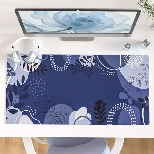 Colorful Star Large Mouse Pad, Botanical Desk Mat Office Supplies, Waterproof Faux Leather Big Gaming Mousepad, Blue Tropical Plants Desk Pad Home Office Décor Accessories 31.5