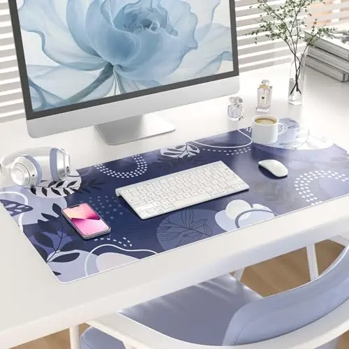 Colorful Star Large Mouse Pad, Botanical Desk Mat Office Supplies, Waterproof Faux Leather Big Gaming Mousepad, Blue Tropical Plants Desk Pad Home Office Décor Accessories 31.5