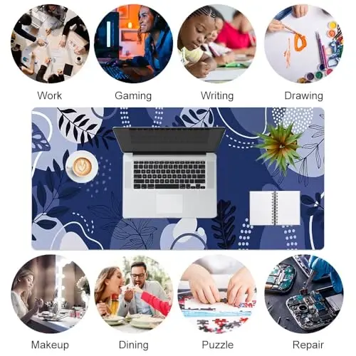 Colorful Star Large Mouse Pad, Botanical Desk Mat Office Supplies, Waterproof Faux Leather Big Gaming Mousepad, Blue Tropical Plants Desk Pad Home Office Décor Accessories 31.5