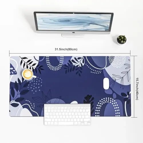 Colorful Star Large Mouse Pad, Botanical Desk Mat Office Supplies, Waterproof Faux Leather Big Gaming Mousepad, Blue Tropical Plants Desk Pad Home Office Décor Accessories 31.5