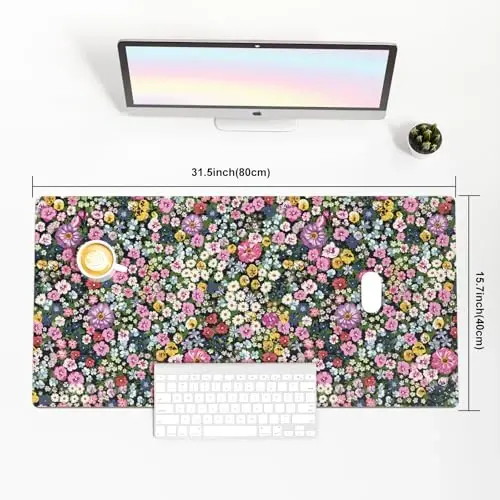 Colorful Star Large Mouse Pad, Floral Desk Mat Office Supplies, Waterproof Faux Leather Big Gaming Mousepad for Women Girls, Blooming Flowers Desk Pad Home Office Décor Accessories 31.5