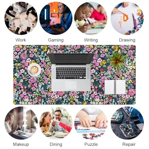 Colorful Star Large Mouse Pad, Floral Desk Mat Office Supplies, Waterproof Faux Leather Big Gaming Mousepad for Women Girls, Blooming Flowers Desk Pad Home Office Décor Accessories 31.5