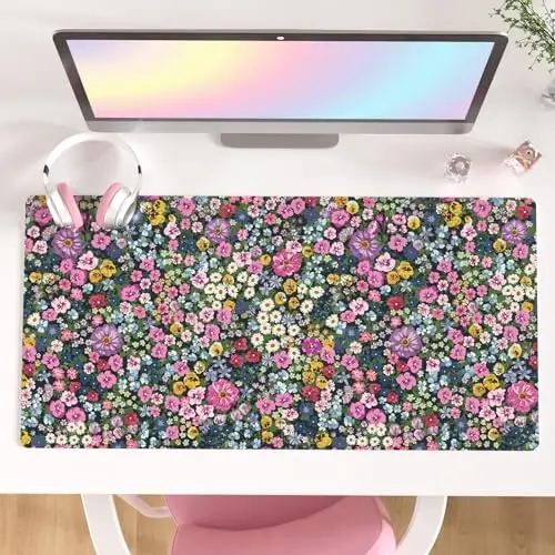 Colorful Star Large Mouse Pad, Floral Desk Mat Office Supplies, Waterproof Faux Leather Big Gaming Mousepad for Women Girls, Blooming Flowers Desk Pad Home Office Décor Accessories 31.5