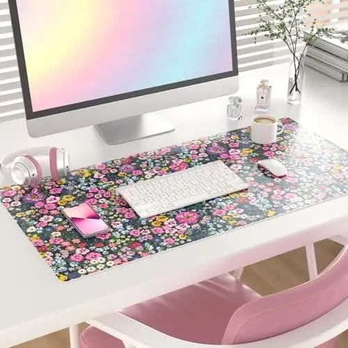 Colorful Star Large Mouse Pad, Floral Desk Mat Office Supplies, Waterproof Faux Leather Big Gaming Mousepad for Women Girls, Blooming Flowers Desk Pad Home Office Décor Accessories 31.5