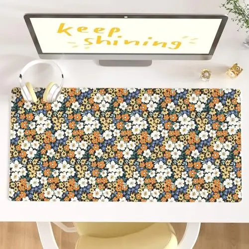 Colorful Star Large Mouse Pad, Floral Desk Mat Office Supplies, Waterproof Faux Leather Big Gaming Mousepad for Women Girls, Ditsy Wild Flowers Desk Pad Home Office Décor Accessories 31.5