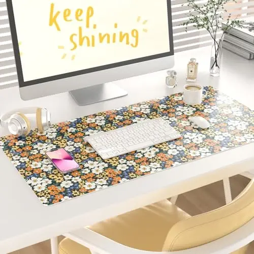 Colorful Star Large Mouse Pad, Floral Desk Mat Office Supplies, Waterproof Faux Leather Big Gaming Mousepad for Women Girls, Ditsy Wild Flowers Desk Pad Home Office Décor Accessories 31.5