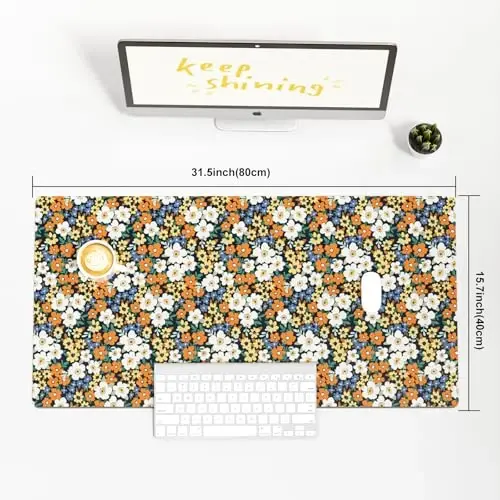 Colorful Star Large Mouse Pad, Floral Desk Mat Office Supplies, Waterproof Faux Leather Big Gaming Mousepad for Women Girls, Ditsy Wild Flowers Desk Pad Home Office Décor Accessories 31.5