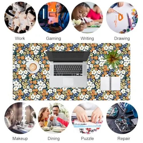 Colorful Star Large Mouse Pad, Floral Desk Mat Office Supplies, Waterproof Faux Leather Big Gaming Mousepad for Women Girls, Ditsy Wild Flowers Desk Pad Home Office Décor Accessories 31.5
