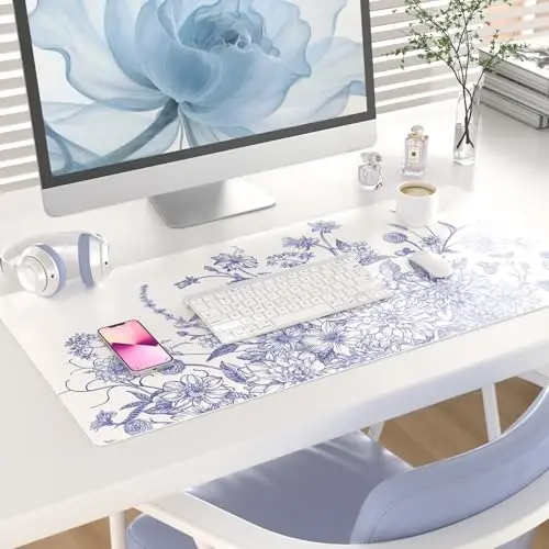 Colorful Star Large Mouse Pad, Floral Desk Mat Office Supplies, Waterproof Faux Leather Big Gaming Mousepad for Women Girls, Vintage Blue Flowers Desk Pad Home Office Décor Accessories 31.5