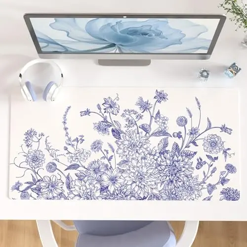 Colorful Star Large Mouse Pad, Floral Desk Mat Office Supplies, Waterproof Faux Leather Big Gaming Mousepad for Women Girls, Vintage Blue Flowers Desk Pad Home Office Décor Accessories 31.5
