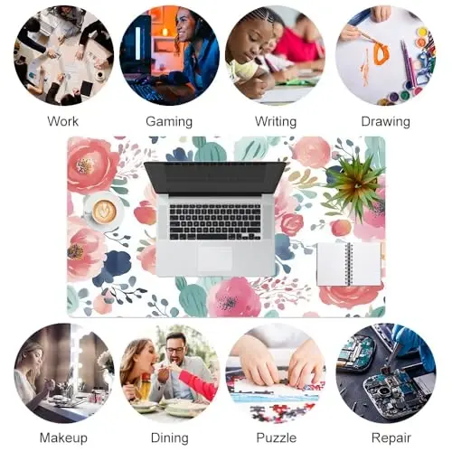 Colorful Star Large Mouse Pad, Pink Floral Desk Mat for Desktop, Women Girls PU Leather Waterproof Gaming Mousepad, Computer PC Laptop Protector Flowers Desk Pads for School Office Home 23.6